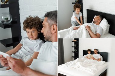 Baba ve çocuğun kitap okuduğu kolaj, gülümseme ve yatak odasında akıllı telefon kullanma. 