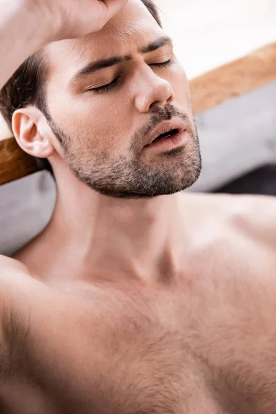 Sexy Shirtless Man Closed Eyes Suffering Heat Home — Stock Photo, Image