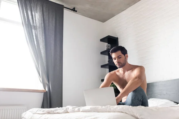 Freelancer Sem Camisa Bonito Trabalhando Laptop Cama — Fotografia de Stock