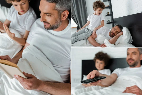 Uzaktan kumandayla kitap okuyan babanın kolajı ve kıvırcık oğlunun yanında yatakta yatması. 