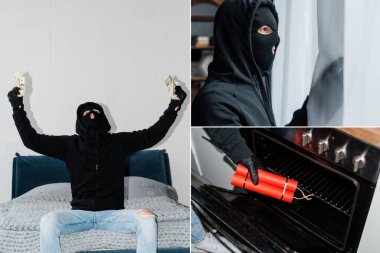 Kar maskeli hırsızların kolajı yatağın üzerinde para tutuyor, perdelerin yanında duruyor ve fırına dinamit koyuyor. 