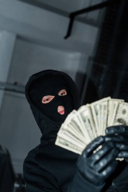 Dolar banknotları tutan kar maskeli soyguncunun düşük açılı görüntüsü 