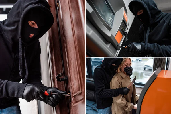 Collage Ladrón Abriendo Cerradura Puerta Robando Mujer Cerca Cajero Automático —  Fotos de Stock