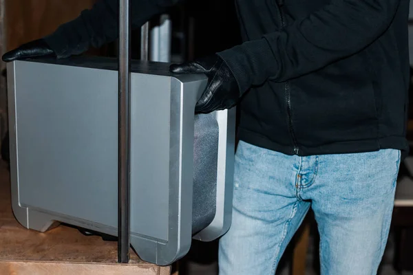 Cropped View Robber Taking Wireless Speaker Cupboard Stealing — Stock Photo, Image
