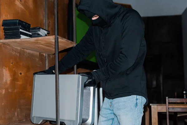 Robber Balaclava Taking Wireless Speaker Cupboard Theft — Stock Photo, Image