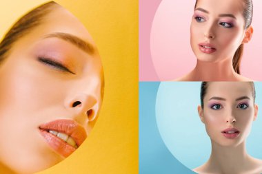 collage of beautiful naked woman with shiny makeup looking through round paper hole on pink, blue and yellow background clipart