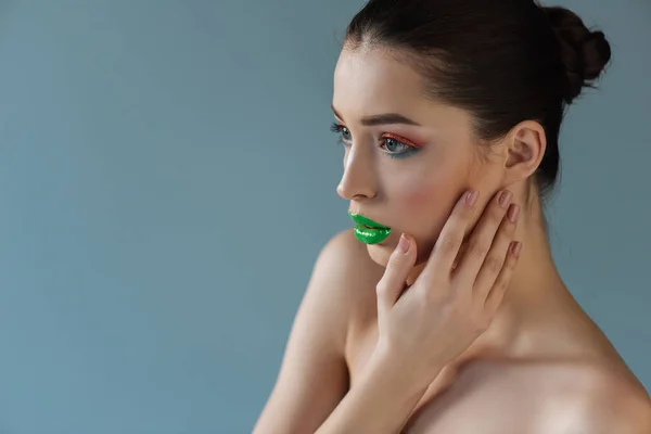 Naked Beautiful Woman Green Lips Pink Blue Eyeshadow Touching Face — Stock Photo, Image