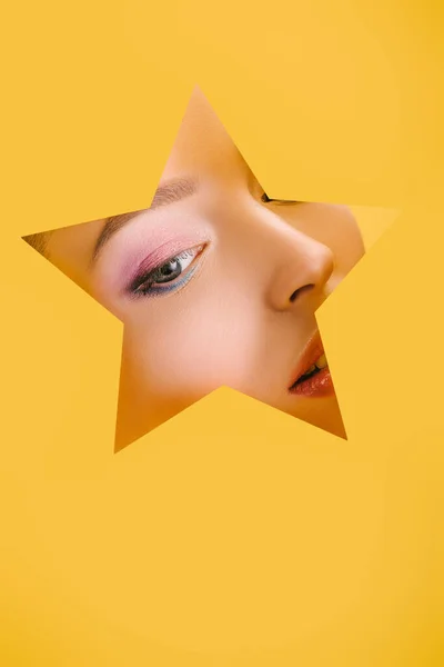 Portrait Beautiful Woman Shiny Makeup Paper Star Shaped Hole Looking — Stock Photo, Image