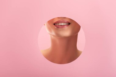 Kısmen gülümseyen güzel bir kadın. Parlak dudakları ve beyaz dişleri var. Pembe delikte izole edilmiş.