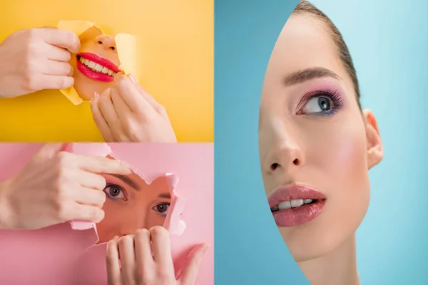 collage of beautiful woman with shiny makeup in paper round and torn hole on pink, yellow and blue background