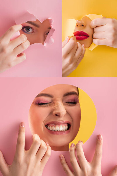 collage of beautiful woman with shiny makeup in paper round and torn hole on pink, yellow background