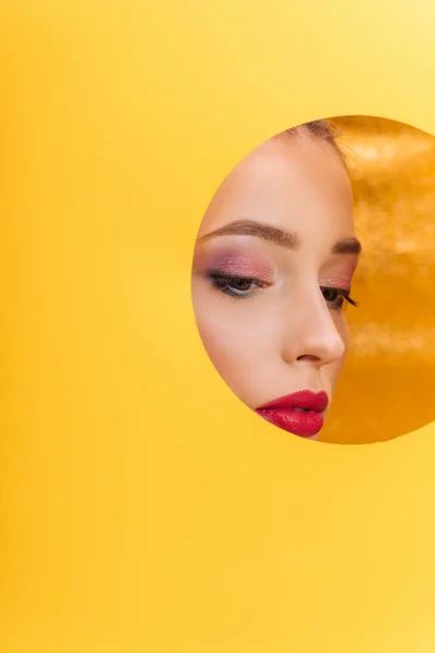 Beautiful Woman Colorful Makeup Looking Yellow Paper Circle Hole — Stock Photo, Image