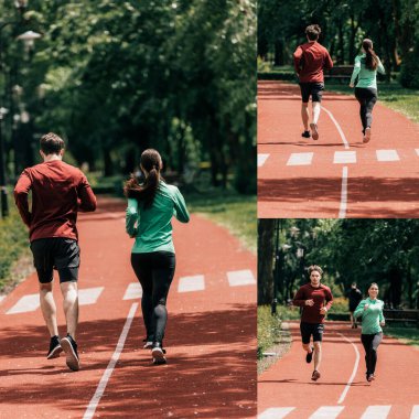 Spor giyimli çiftlerin kolajı parkta koşu parkurunda koşuyor