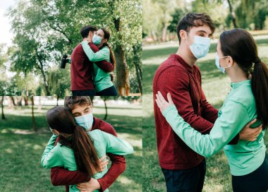 Tıbbi maskeli ve spor kıyafetleriyle parkta kucaklaşan çiftlerin kolajı 