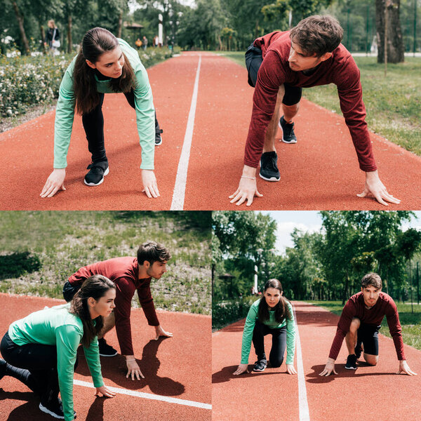Collage of couple standing in starting position on running track in park 