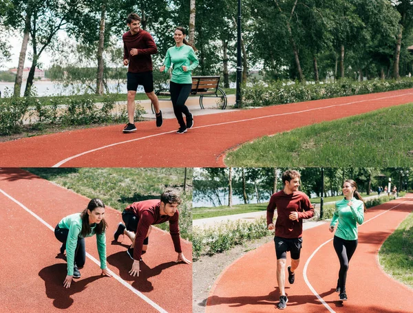 Collage Sonriente Joven Pareja Corriendo Pista Atletismo Parque — Foto de Stock