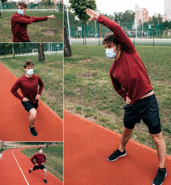 Collage Del Hombre Entrenamiento Máscara Médica Pista Atletismo Parque — Foto de Stock