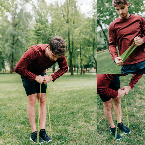 Collage of handsome man training with elastic band in park 
