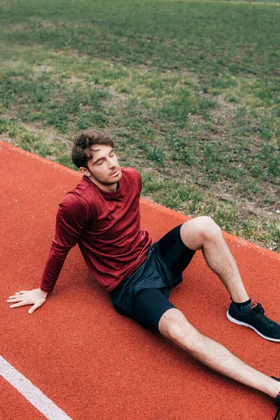 Exhausted Sportsman Sitting Running Path Park — Stock Photo, Image