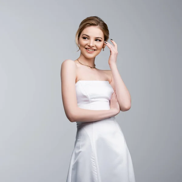 Happy Bride Wedding Dress Touching Hair Isolated Grey — Stock Photo, Image