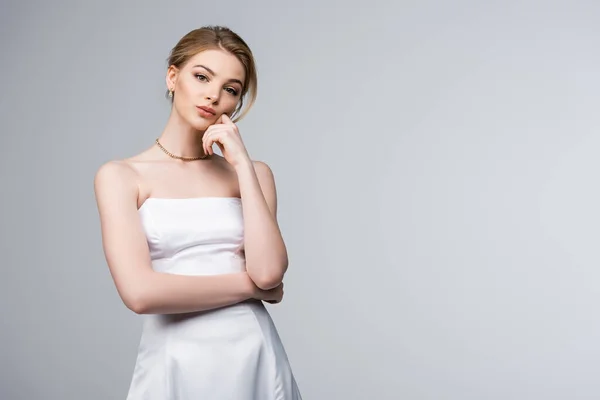 Pensive Bride White Wedding Dress Looking Camera Isolated Grey — Stock Photo, Image