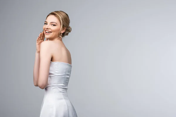 Cheerful Bride White Wedding Dress Smiling Isolated Grey — Stock Photo, Image