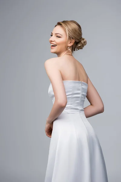 Happy Young Bride White Wedding Dress Isolated Grey — Stock Photo, Image