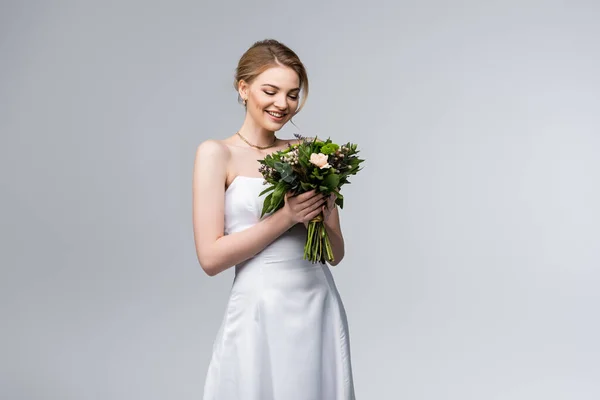 Young Happy Bride White Dress Holding Bouquet Flowers Isolated Grey — Stock Photo, Image