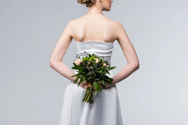 Cropped View Bride Elegant Wedding Dress Holding Bouquet Flowers Back — Stock Photo, Image