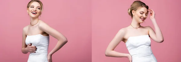Collage Novia Feliz Vestido Novia Blanco Riendo Aislado Rosa — Foto de Stock