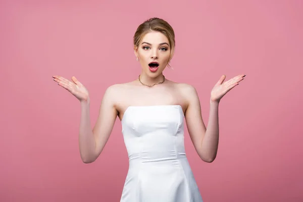 Surprised Bride White Wedding Dress Gesturing Isolated Pink — Stock Photo, Image
