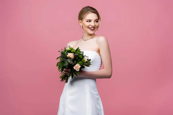 Smiling Bride White Wedding Dress Holding Flowers Isolated Pink — Stock Photo, Image