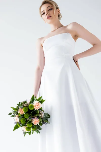 Low Angle View Elegant Bride Wedding Dress Holding Flowers Standing — Stock Photo, Image