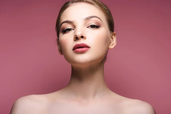 Nøgen Ung Kvinde Med Øjenskygge Læbestift Pink - Stock-foto