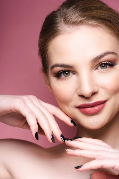 Happy Young Woman Eye Shadow Lipstick Touching Face Pink — Stock Photo, Image