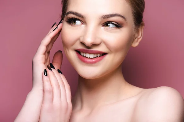 Pretty Girl Eye Shadow Lipstick Touching Face Smiling Pink — Stock Photo, Image