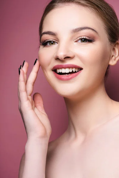 Naked Young Woman Eye Shadow Lipstick Touching Face Smiling Pink — Stock Photo, Image