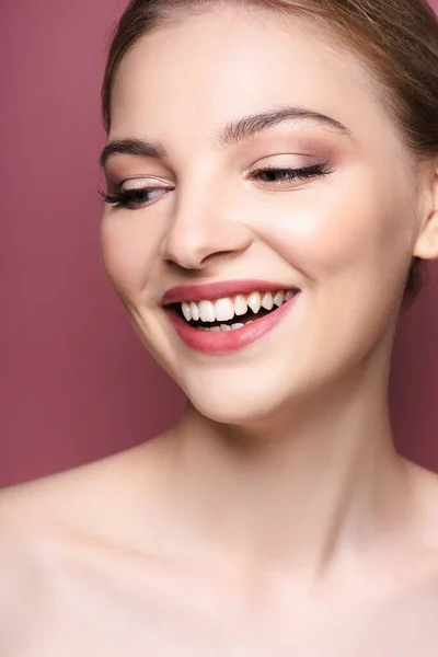 Naked Cheerful Young Woman Smiling Pink — Stock Photo, Image