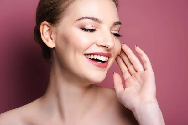 Naked Smiling Young Woman Touching Face Pink — Stock Photo, Image