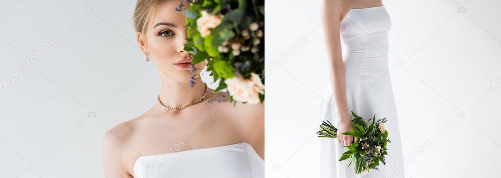 collage of bride in elegant wedding dress holding flowers isolated on white 