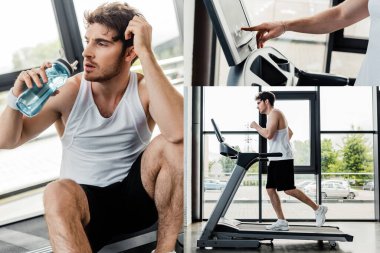 Koşu bandındaki sensör ekranını işaret eden sporcu kolajı spor salonunda spor şişesini suyla koşup tutuyor. 