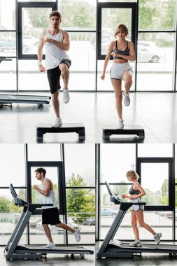 Spor çifti kolajı. Spor salonunda spor platformları ve koşu bantları üzerinde egzersiz yapıyorlar. 