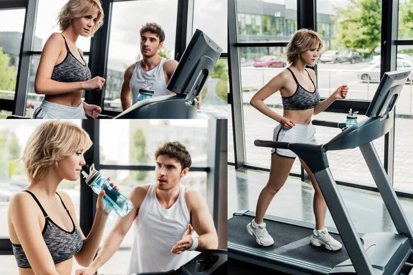 Collage Stilig Man Tittar Flicka Kör Löpband Gym — Stockfoto