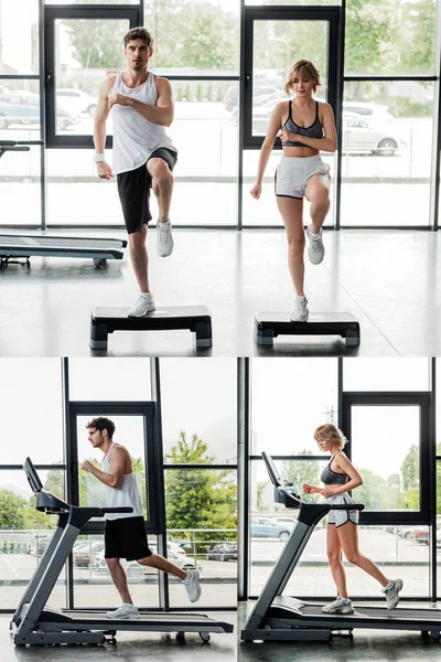 Collage Sport Couple Exercising Step Platforms Treadmills Gym — Stock Photo, Image