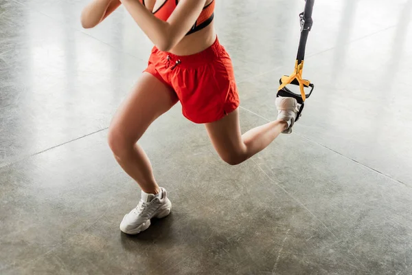 Cropped View Athletic Young Woman Sportswear Exercising Resistance Bands Gym — Stock Photo, Image