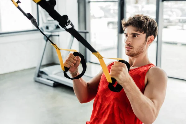 Handsome Sportsman Exercising Elastics Gym — Stock Photo, Image