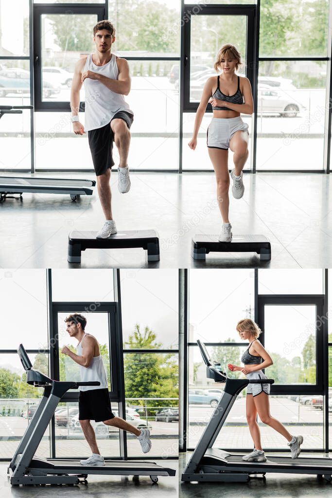 collage of sport couple exercising on step platforms and treadmills in gym 