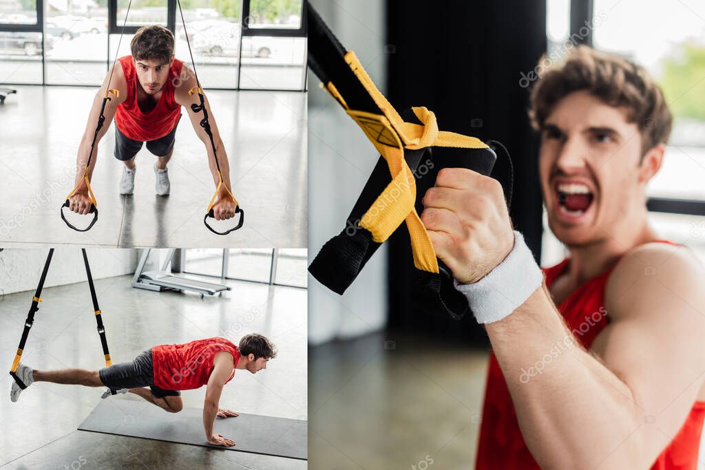 collage of strong sportsman working out with elastics in gym 
