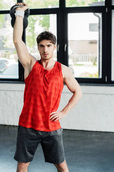 Athletic Man Working Out Dumbbell While Standing Hand Hip — Stock Photo, Image