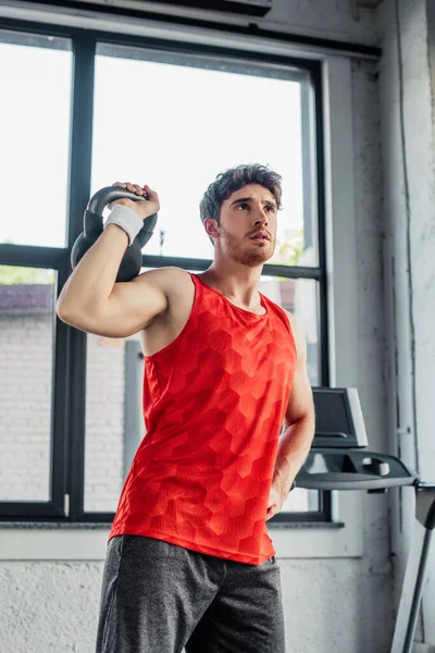 Sportive Man Working Out Dumbbell While Standing Hand Hip — Stock Photo, Image